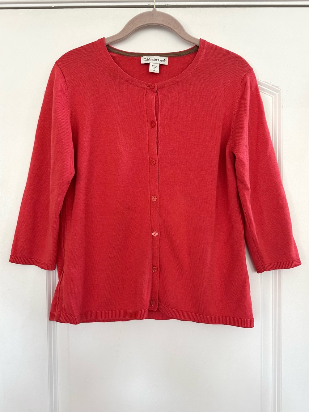 Coldwater Creek Silk Cotton Button Cardigan 3/4 Sleeve Coral Pink Small Lux